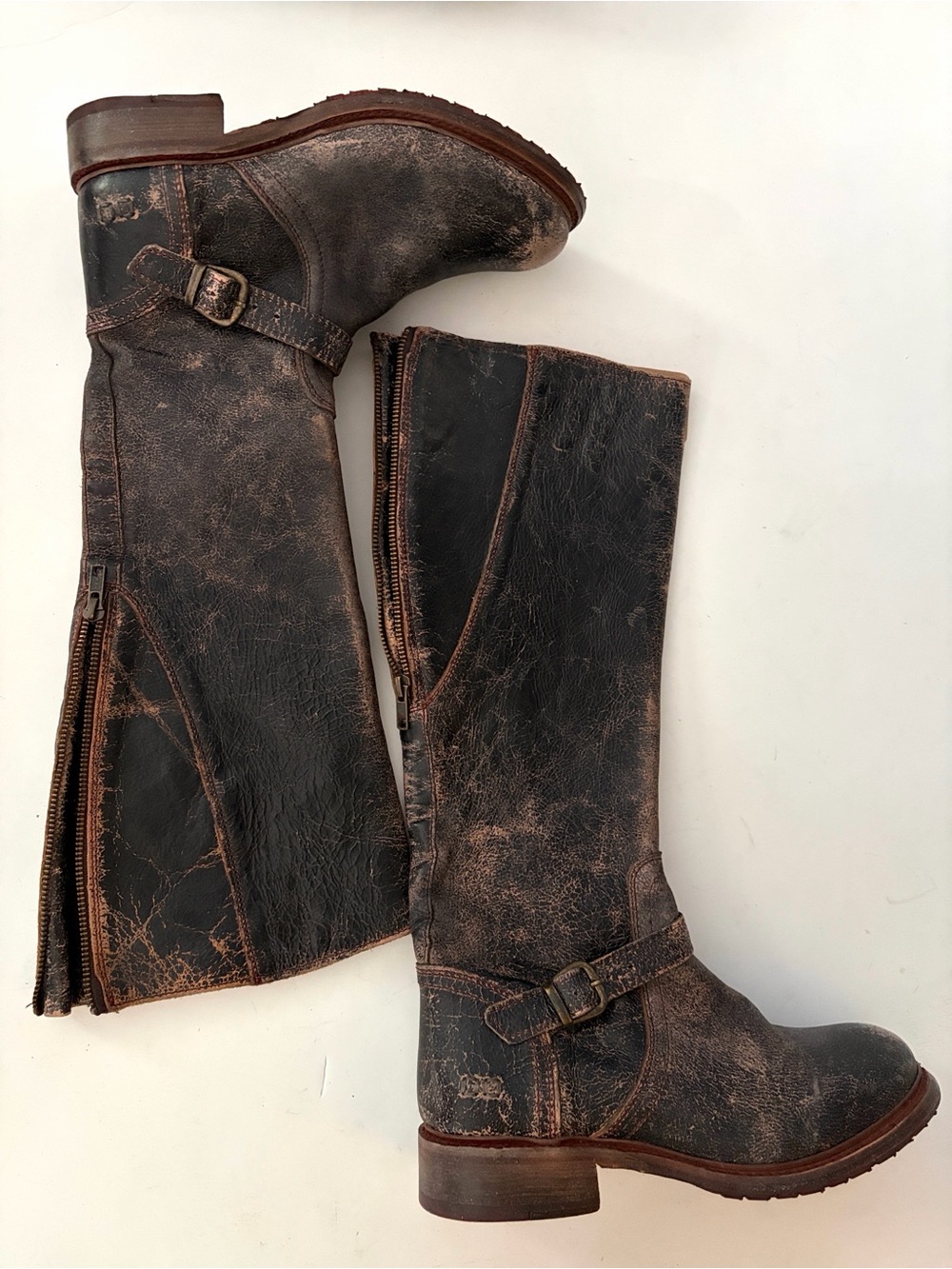BED STU Glaye Black Lux Distressed Leather Tall Riding Boots Wide Calf size 9.5 - Picture 7 of 16
